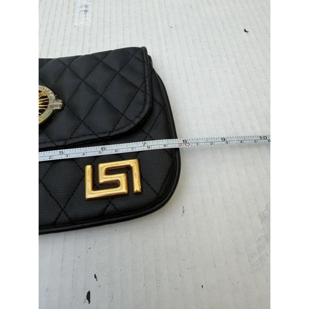 Black Quilted Chain Shoulder Bag Gold Sun Medallion Paris New York Tokyo Rome